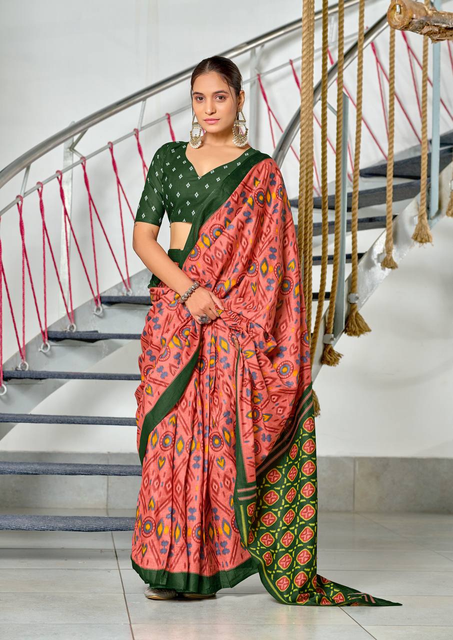 Ikkat Hand Block Print Mulmul Cotton Saree