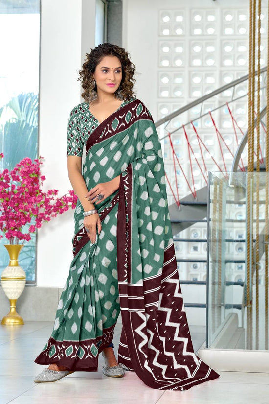 Women's Mulmul Cotton Ikkat Hand Block Print Saree