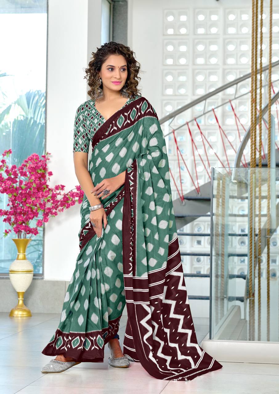 Women's Mulmul Cotton Ikkat Hand Block Print Saree