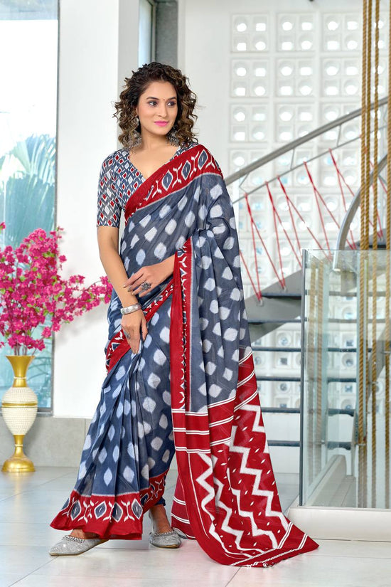 Women's Mulmul Cotton Ikkat Hand Block Print Saree