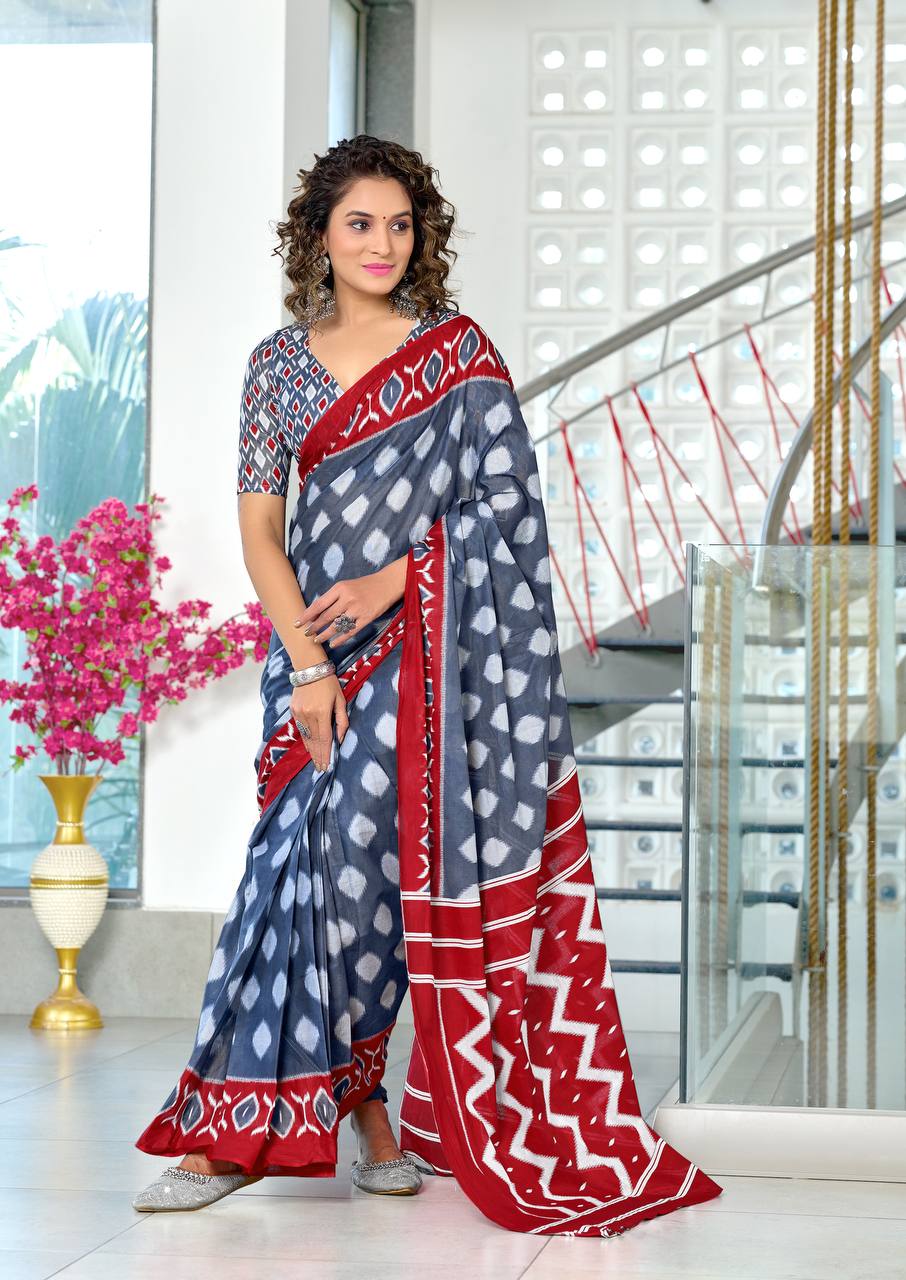 Women's Mulmul Cotton Ikkat Hand Block Print Saree