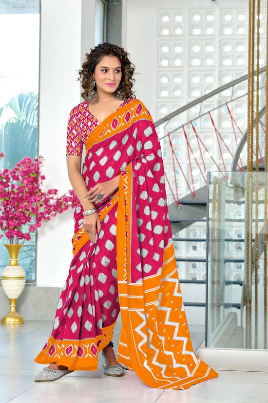 Women's Mulmul Cotton Ikkat Hand Block Print Saree