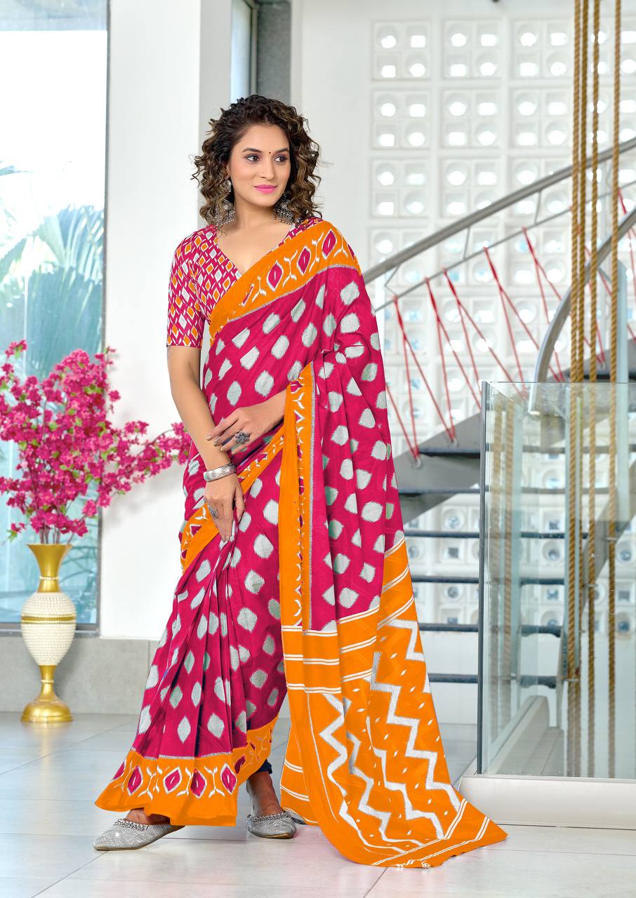 Women's Mulmul Cotton Ikkat Hand Block Print Saree