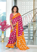 Women's Mulmul Cotton Ikkat Hand Block Print Saree