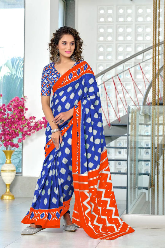 Women's Mulmul Cotton Ikkat Hand Block Print Saree