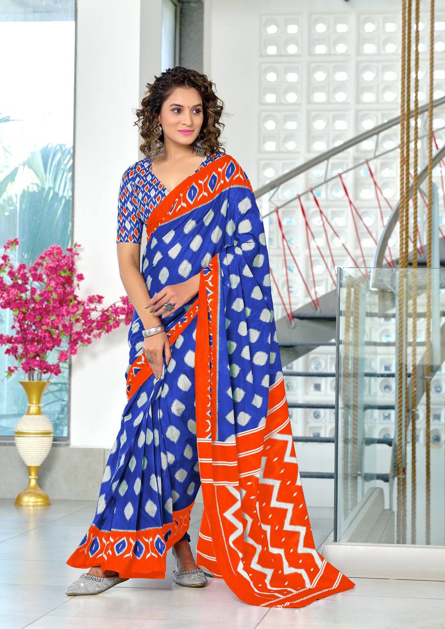 Women's Mulmul Cotton Ikkat Hand Block Print Saree