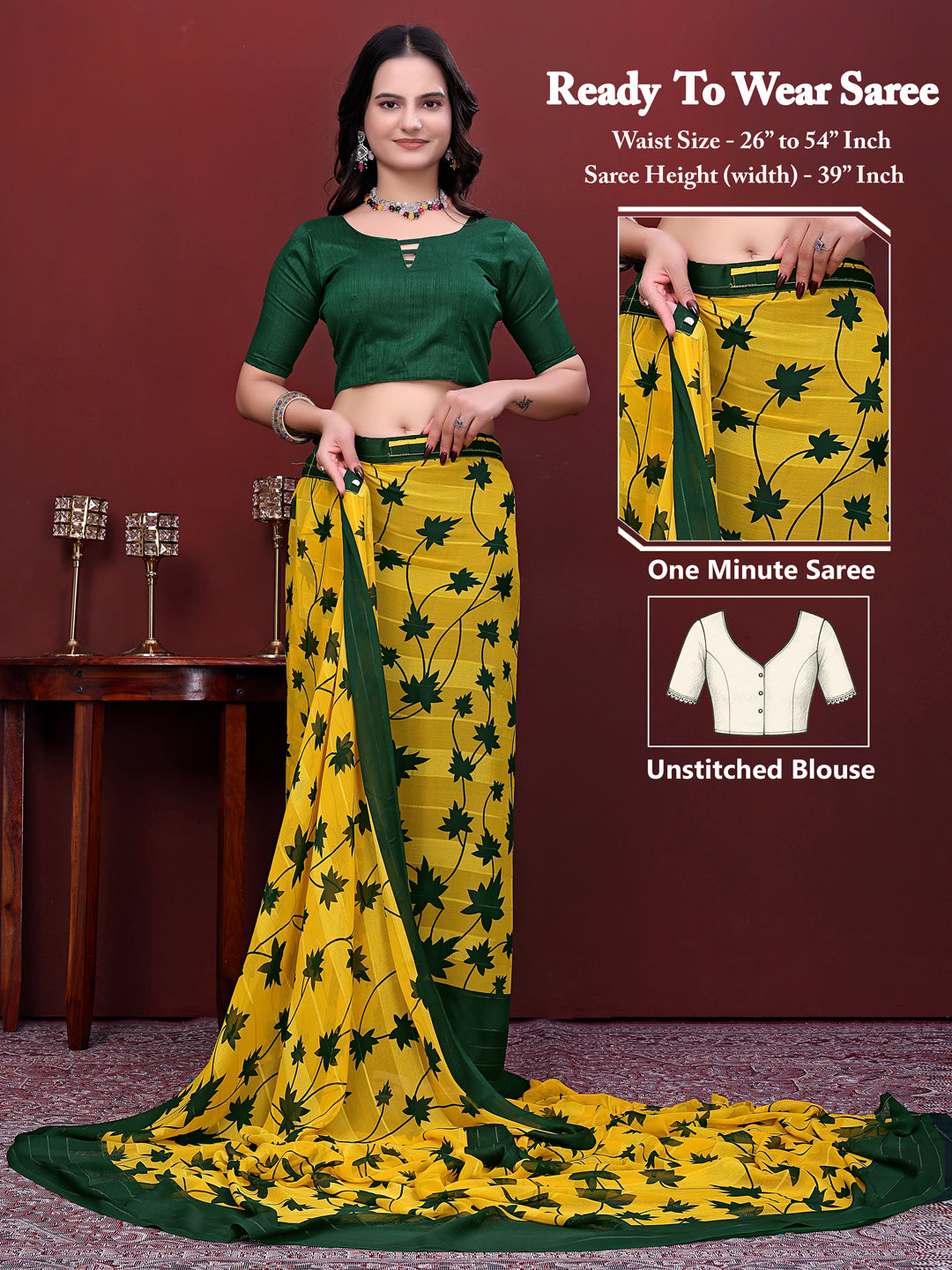 Ready-to-Wear Floral Leaf Print Simmer Silk Saree