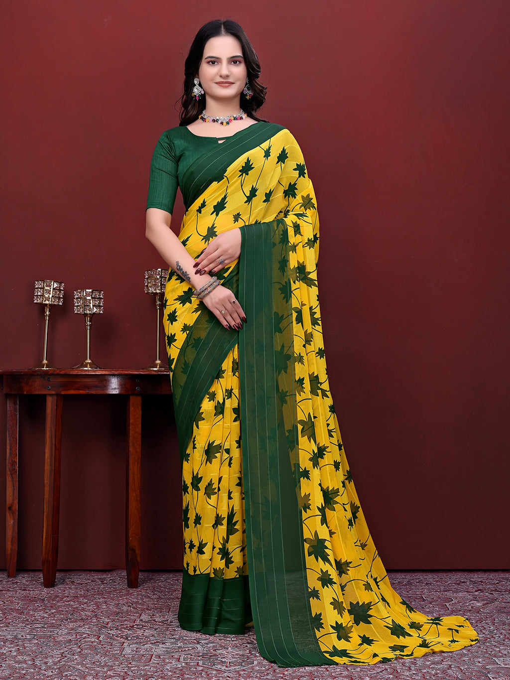 Ready-to-Wear Floral Leaf Print Simmer Silk Saree