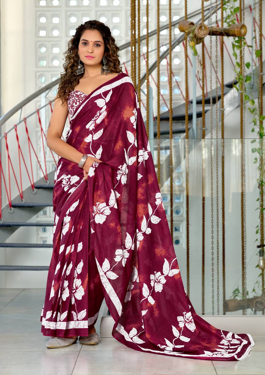 Floral Hand Block Print Classic Mulmul Cotton Saree