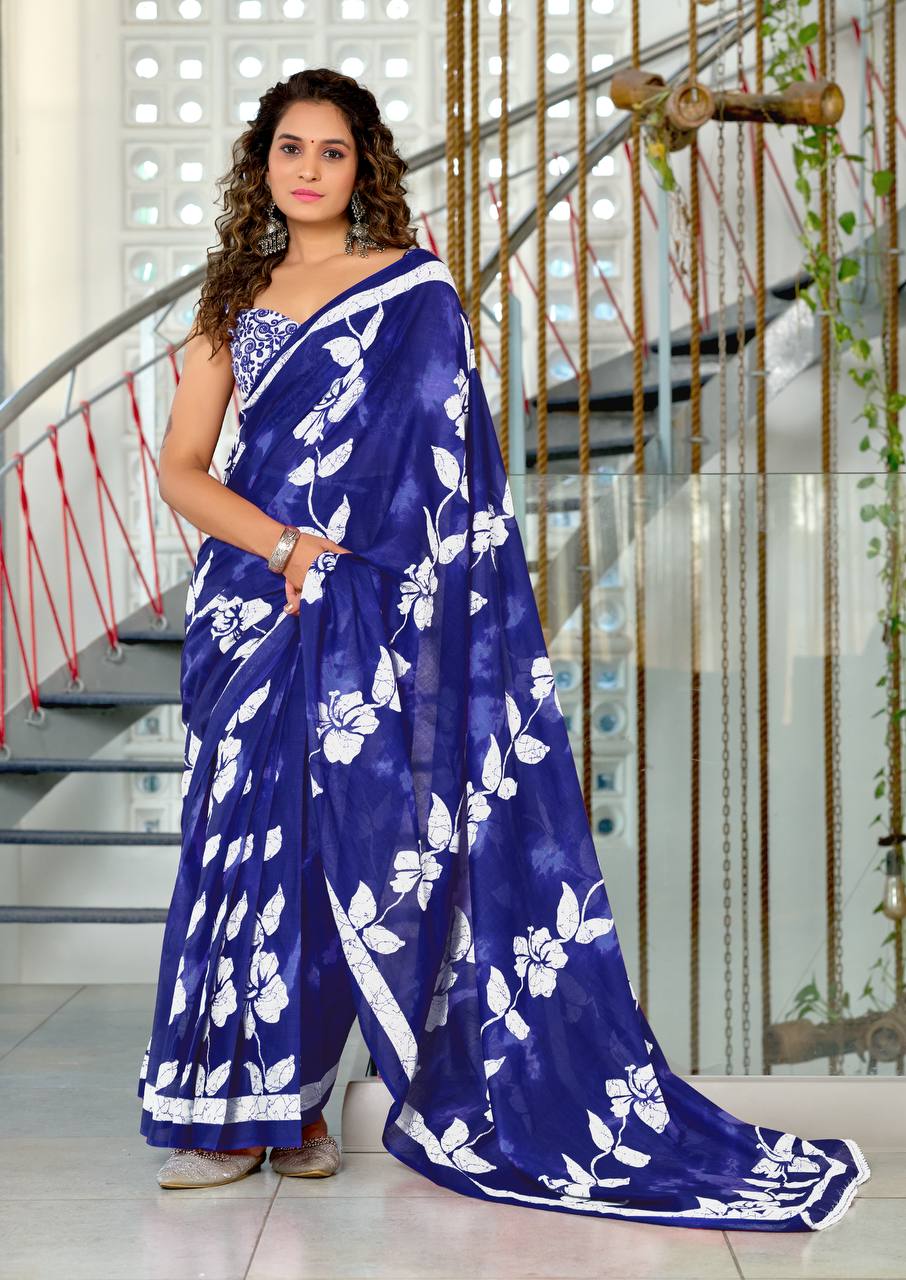 Floral Hand Block Print Classic Mulmul Cotton Saree