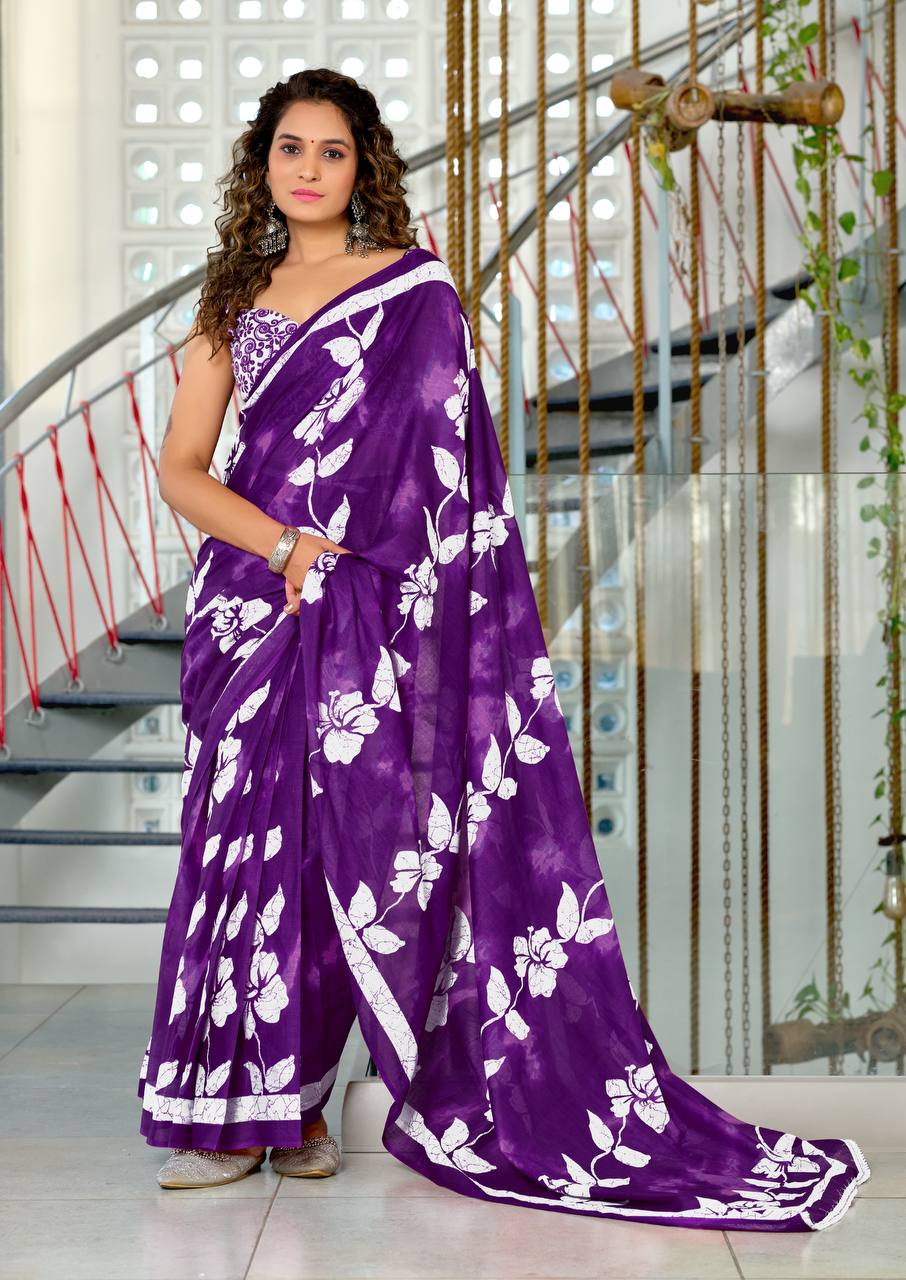 Floral Hand Block Print Classic Mulmul Cotton Saree