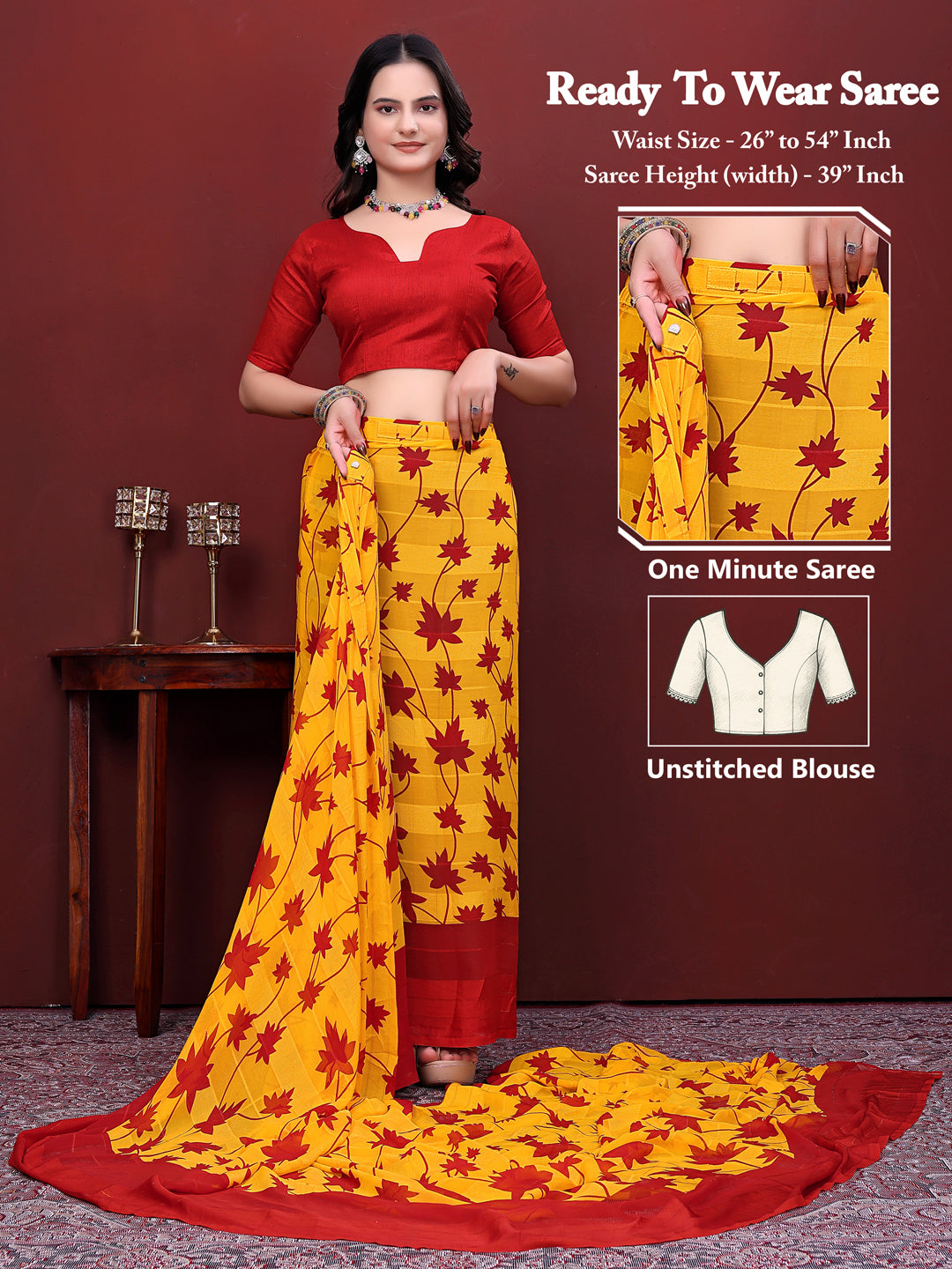 Ready-to-Wear Floral Leaf Print Simmer Silk Saree