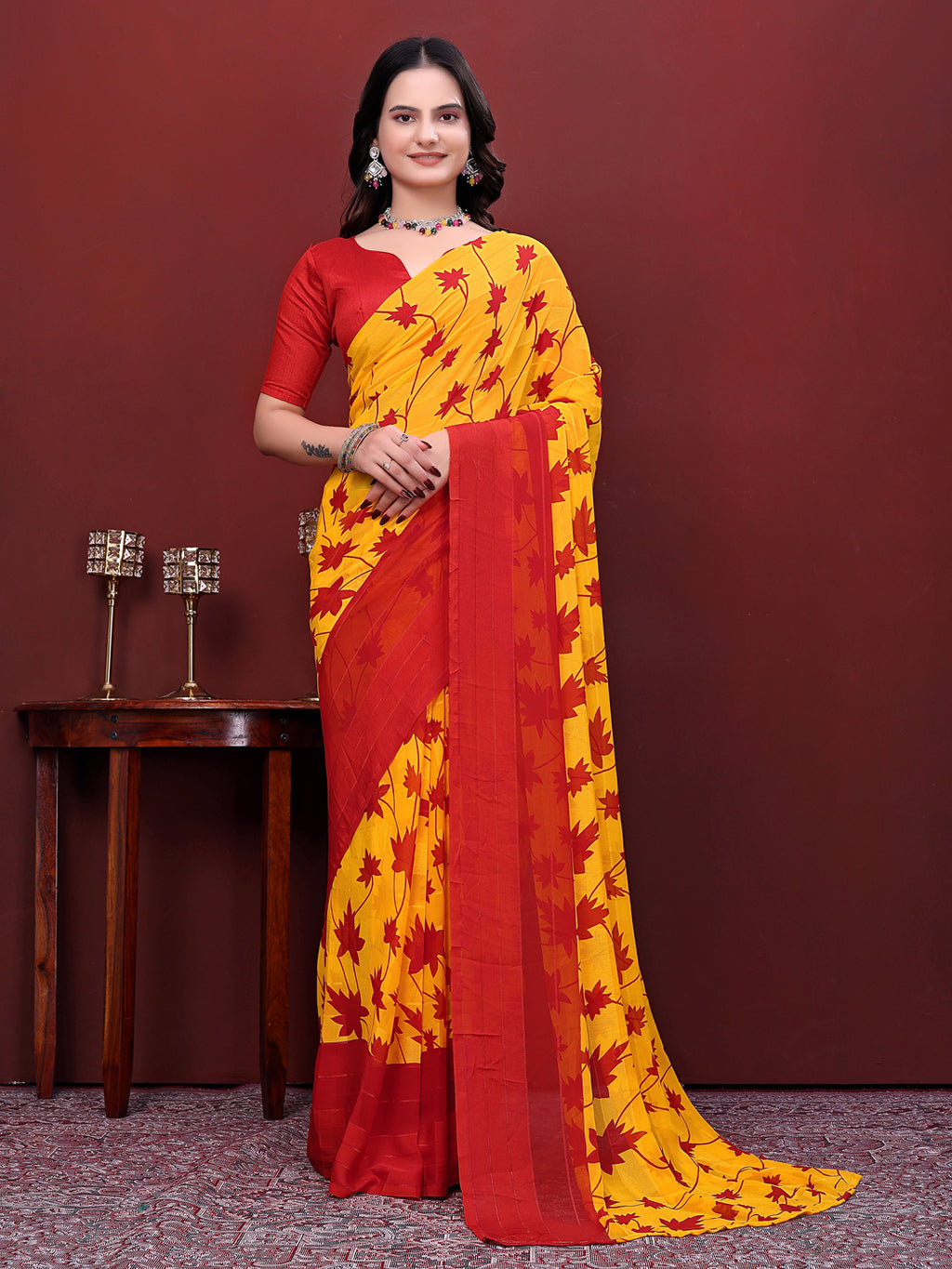 Ready-to-Wear Floral Leaf Print Simmer Silk Saree