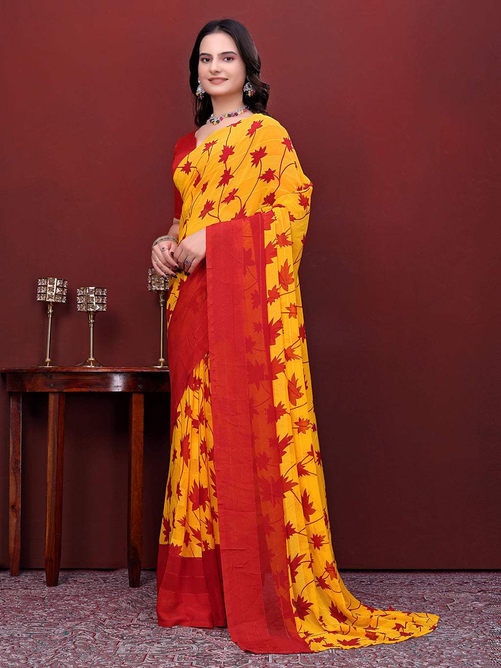Ready-to-Wear Floral Leaf Print Simmer Silk Saree