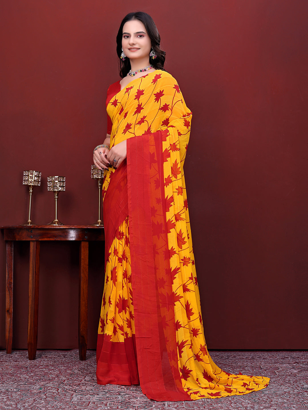 Ready-to-Wear Floral Leaf Print Simmer Silk Saree