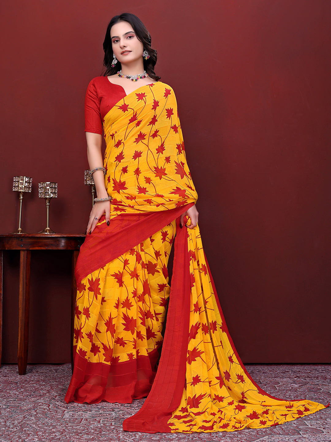 Ready-to-Wear Floral Leaf Print Simmer Silk Saree