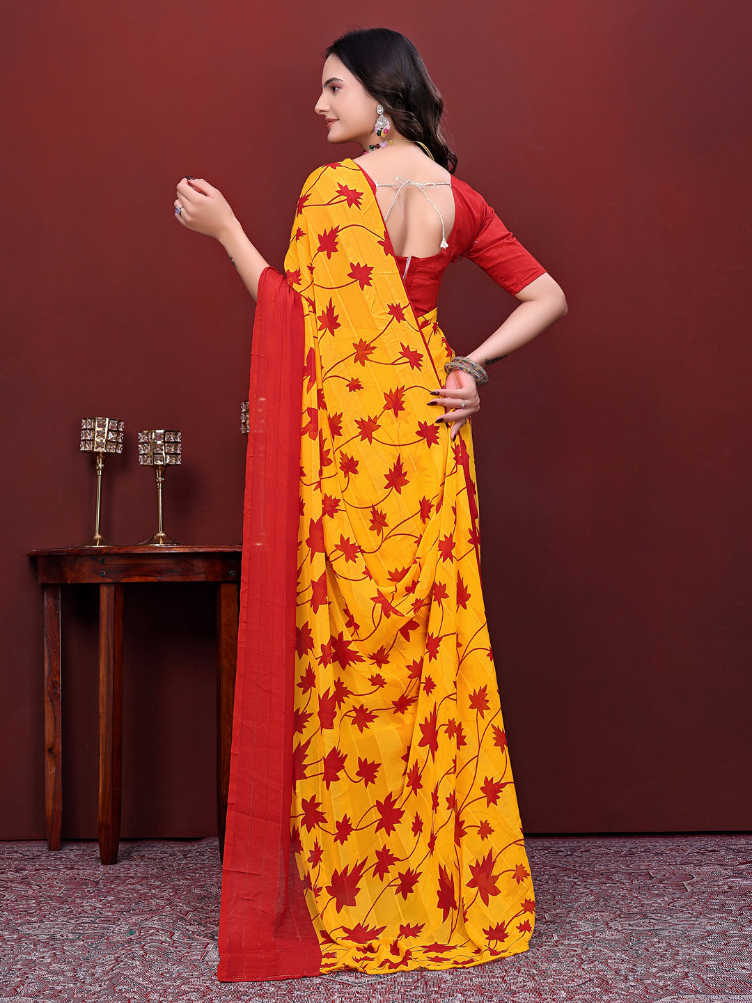 Ready-to-Wear Floral Leaf Print Simmer Silk Saree