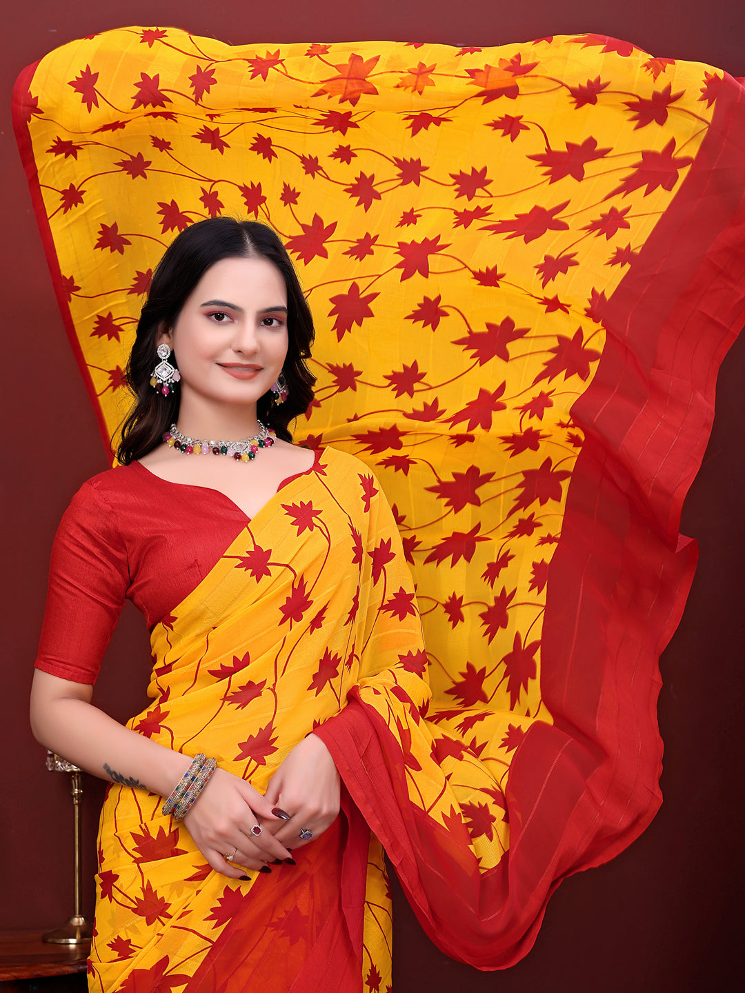 Ready-to-Wear Floral Leaf Print Simmer Silk Saree
