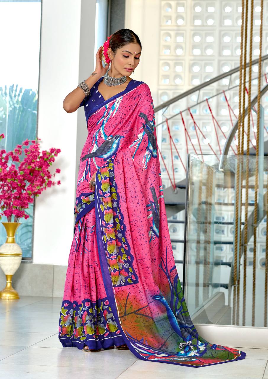 Heriage Style Hand Print Classic Mulmul Cotton Saree