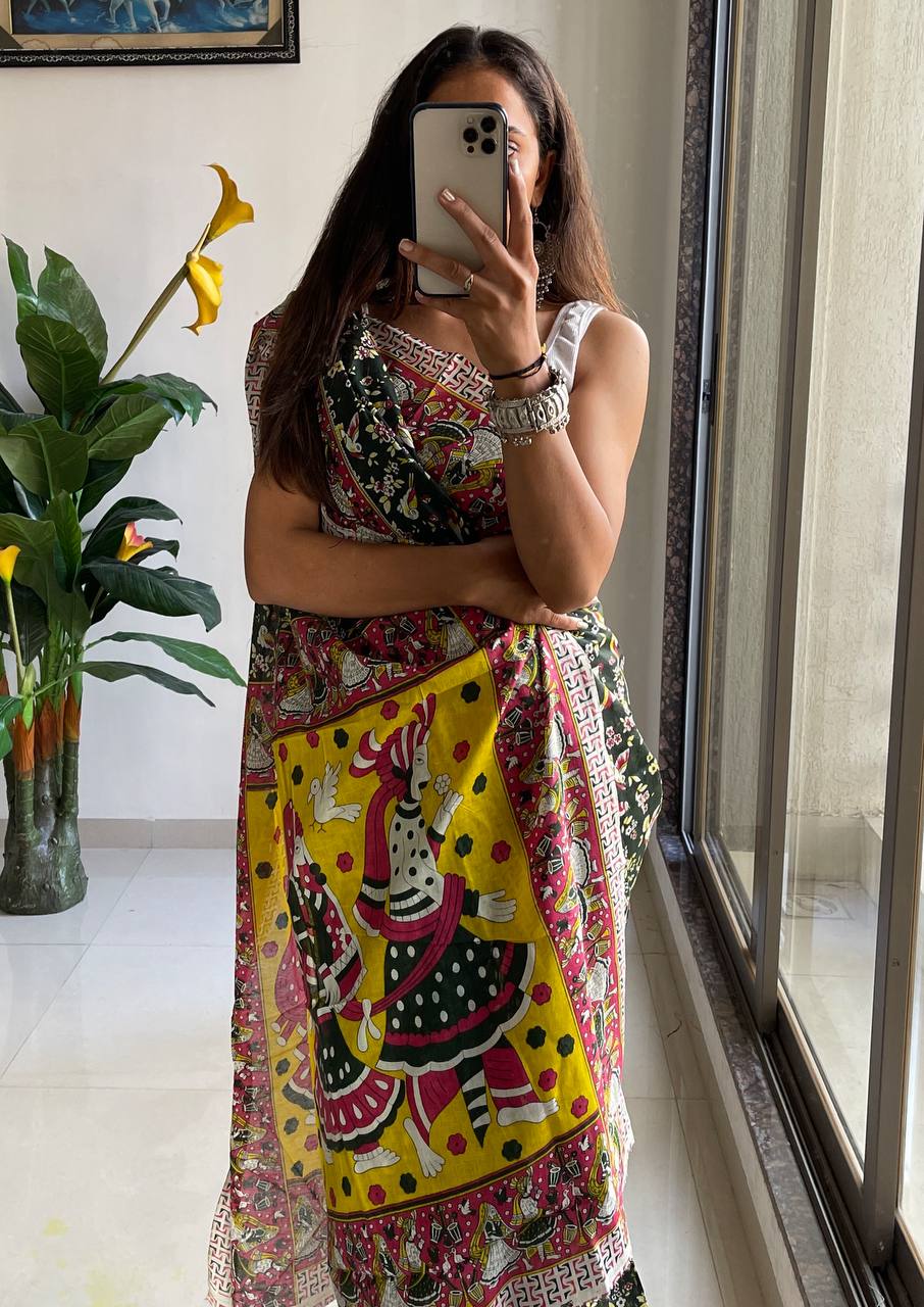 Mulmul Cotton Kalamkari Hand Block Print Saree