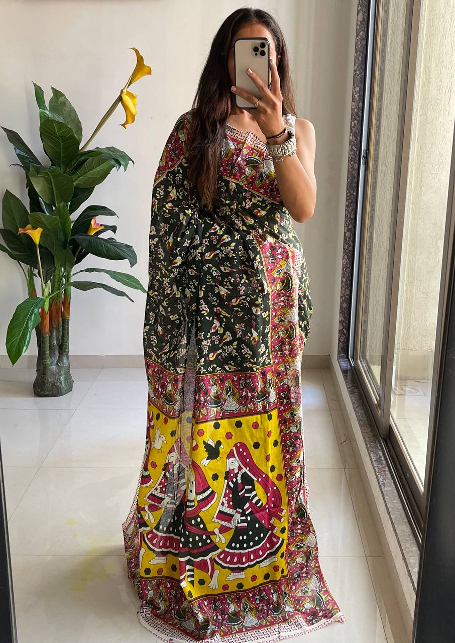 Mulmul Cotton Kalamkari Hand Block Print Saree