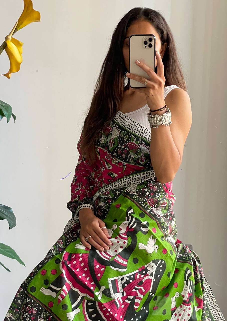 Mulmul Cotton Kalamkari Hand Block Print Saree