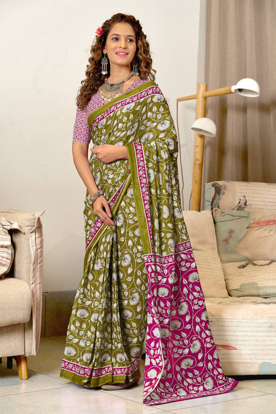 Classic Mulmul Cotton  Floral Hand Block Print Saree