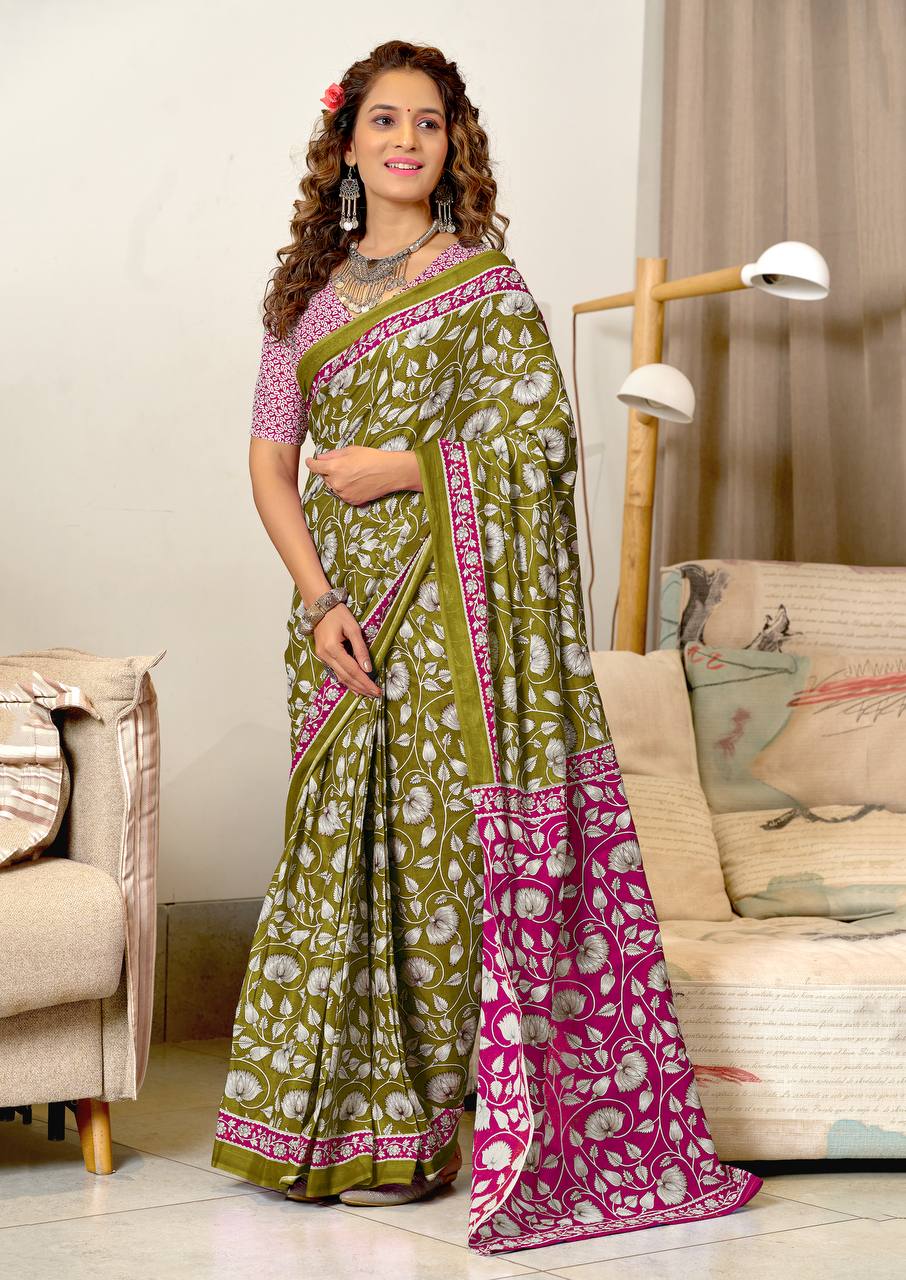 Classic Mulmul Cotton  Floral Hand Block Print Saree