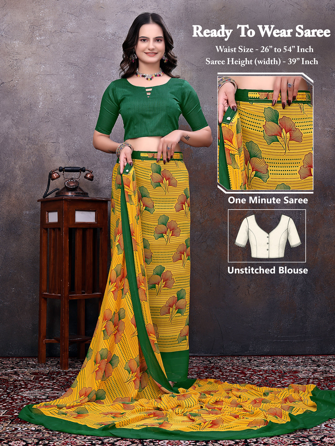 Ready-to-Wear Saree Floral Leaf Print Simmer Silk Saree