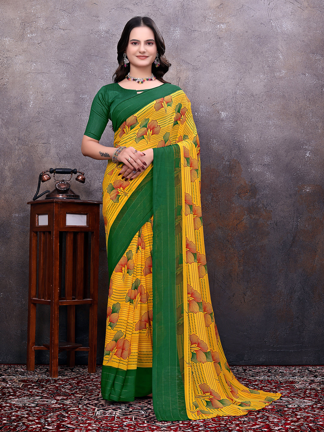 Ready-to-Wear Saree Floral Leaf Print Simmer Silk Saree