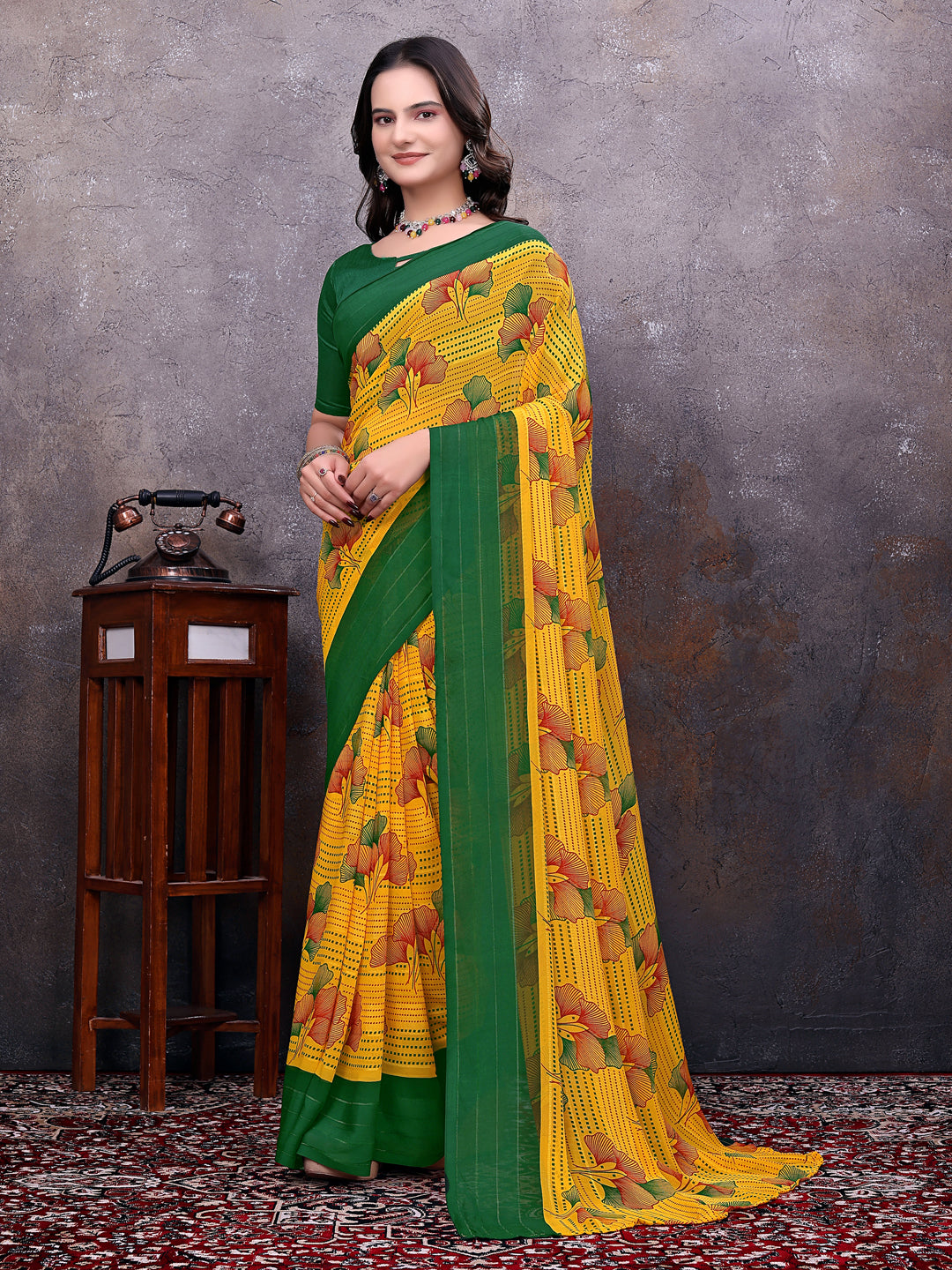 Ready-to-Wear Saree Floral Leaf Print Simmer Silk Saree