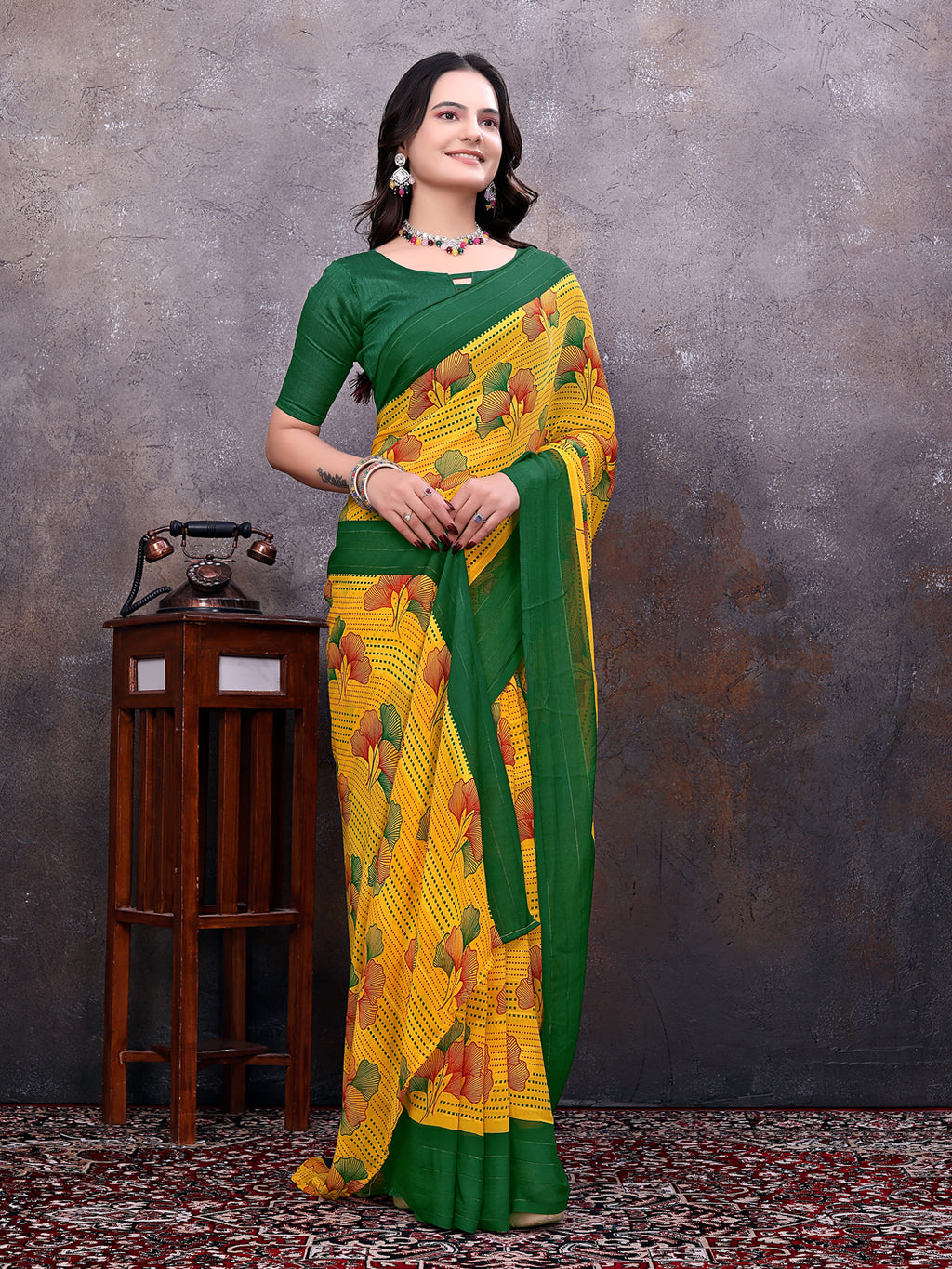 Ready-to-Wear Saree Floral Leaf Print Simmer Silk Saree