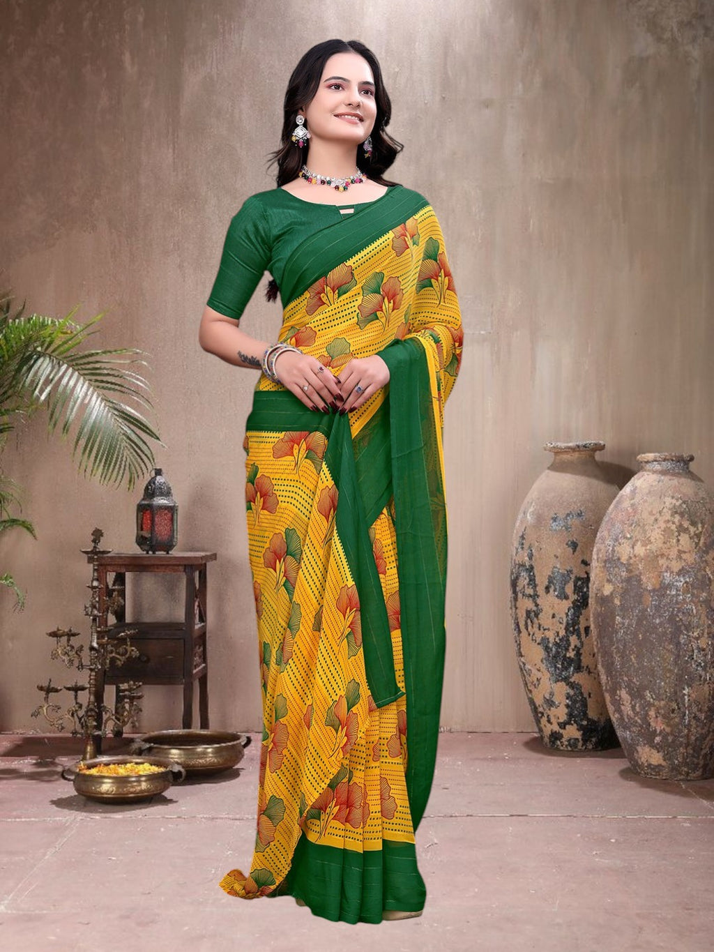 Ready-to-Wear Saree Floral Leaf Print Simmer Silk Saree