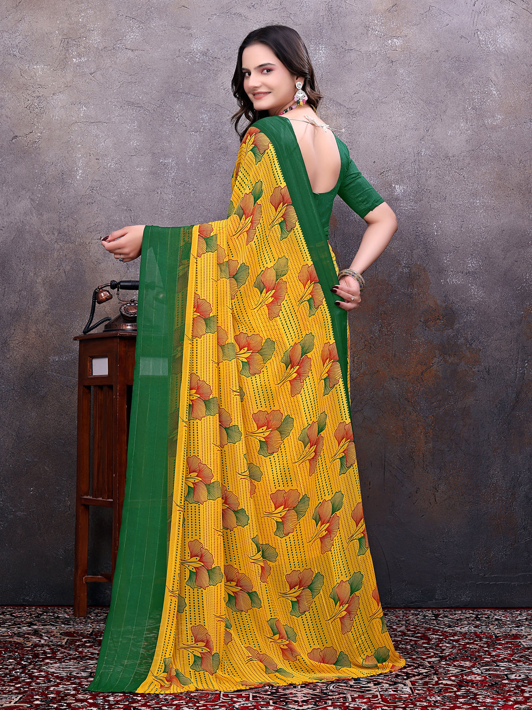 Ready-to-Wear Saree Floral Leaf Print Simmer Silk Saree