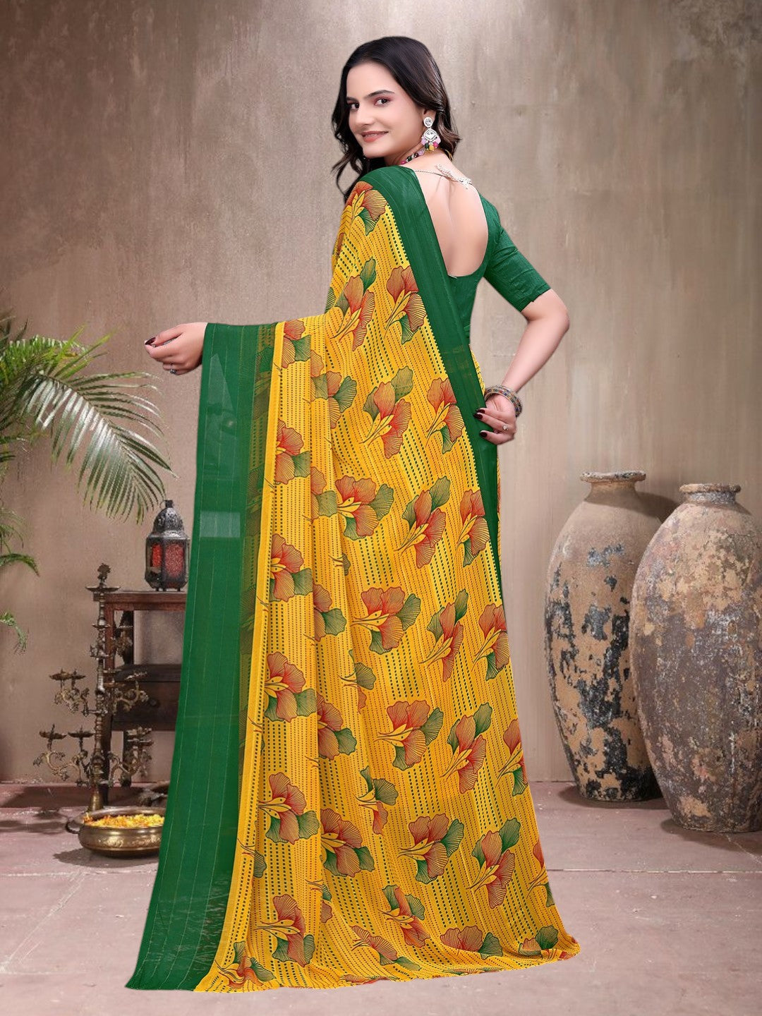 Ready-to-Wear Saree Floral Leaf Print Simmer Silk Saree
