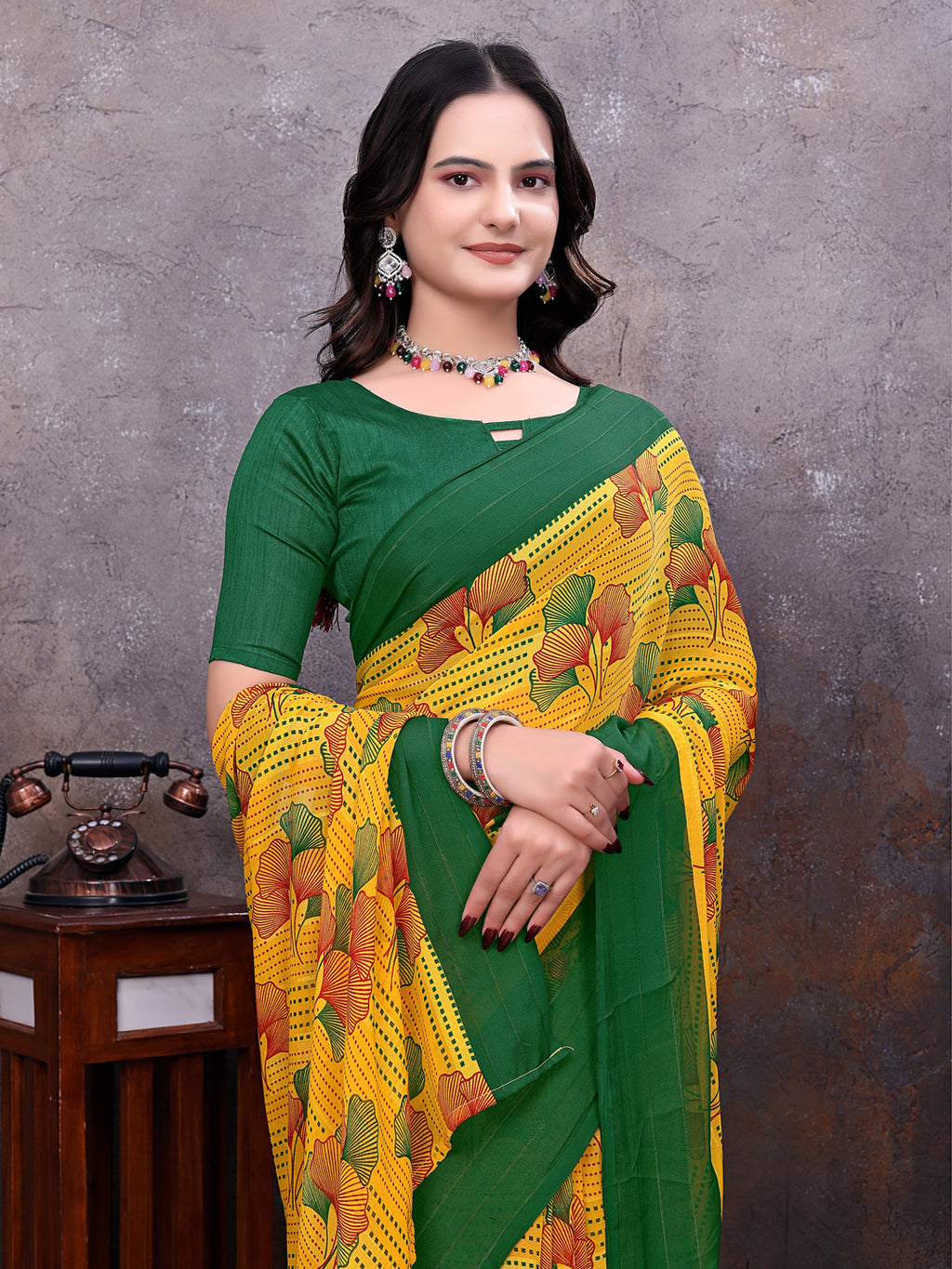 Ready-to-Wear Saree Floral Leaf Print Simmer Silk Saree