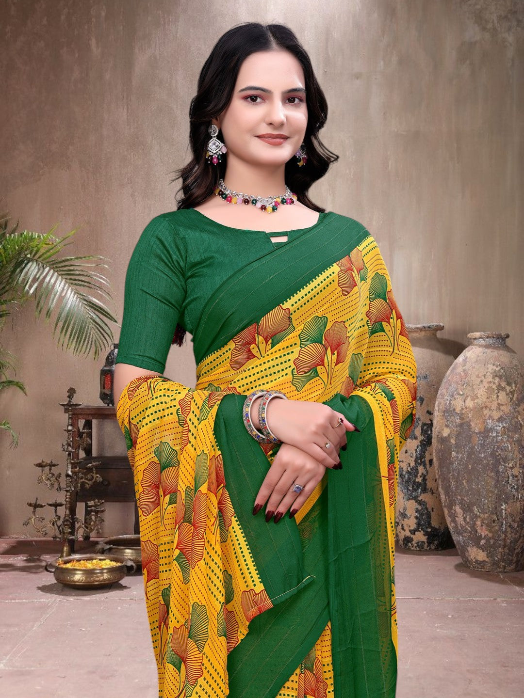 Ready-to-Wear Saree Floral Leaf Print Simmer Silk Saree