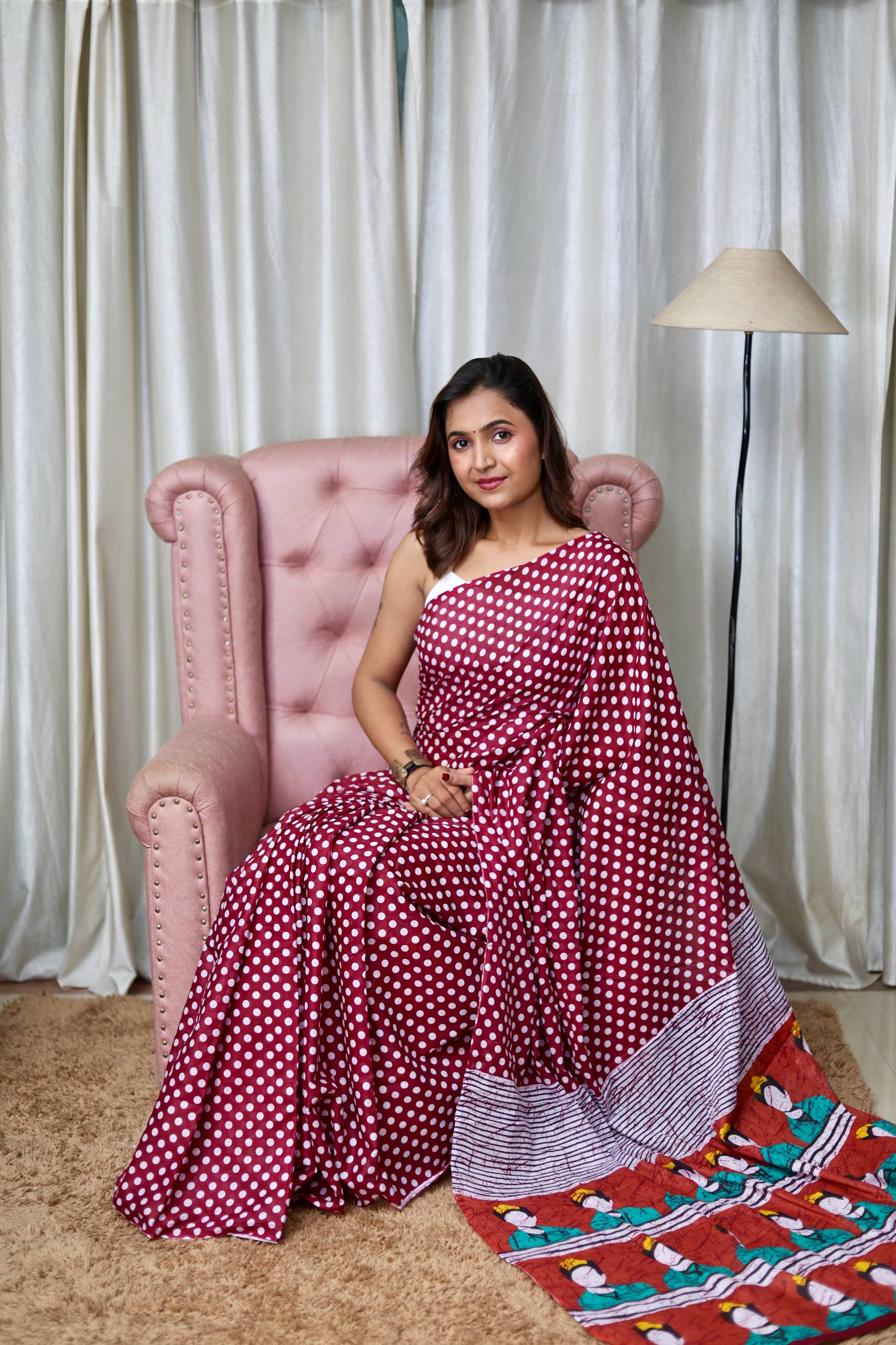 Polka Dot Printed Mulmul Cotton Saree for Woman