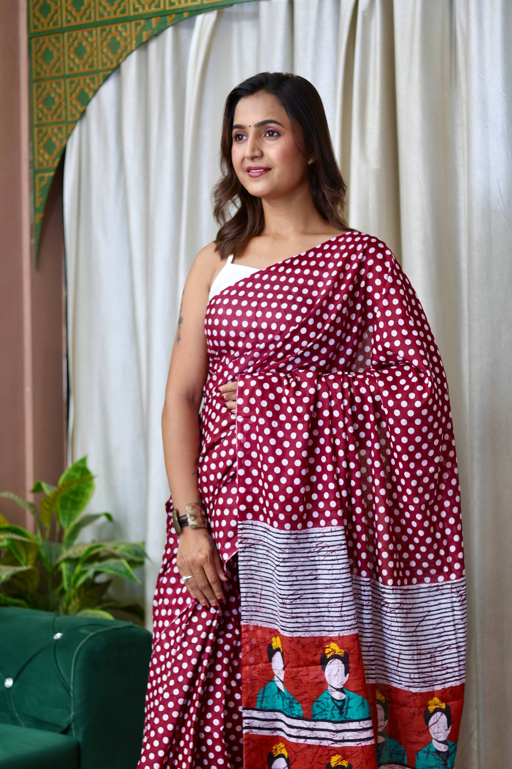 Polka Dot Printed Mulmul Cotton Saree for Woman