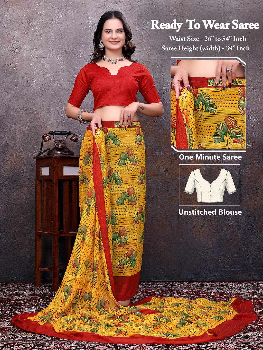 Ready-to-Wear Saree Floral Leaf Print Simmer Silk Saree