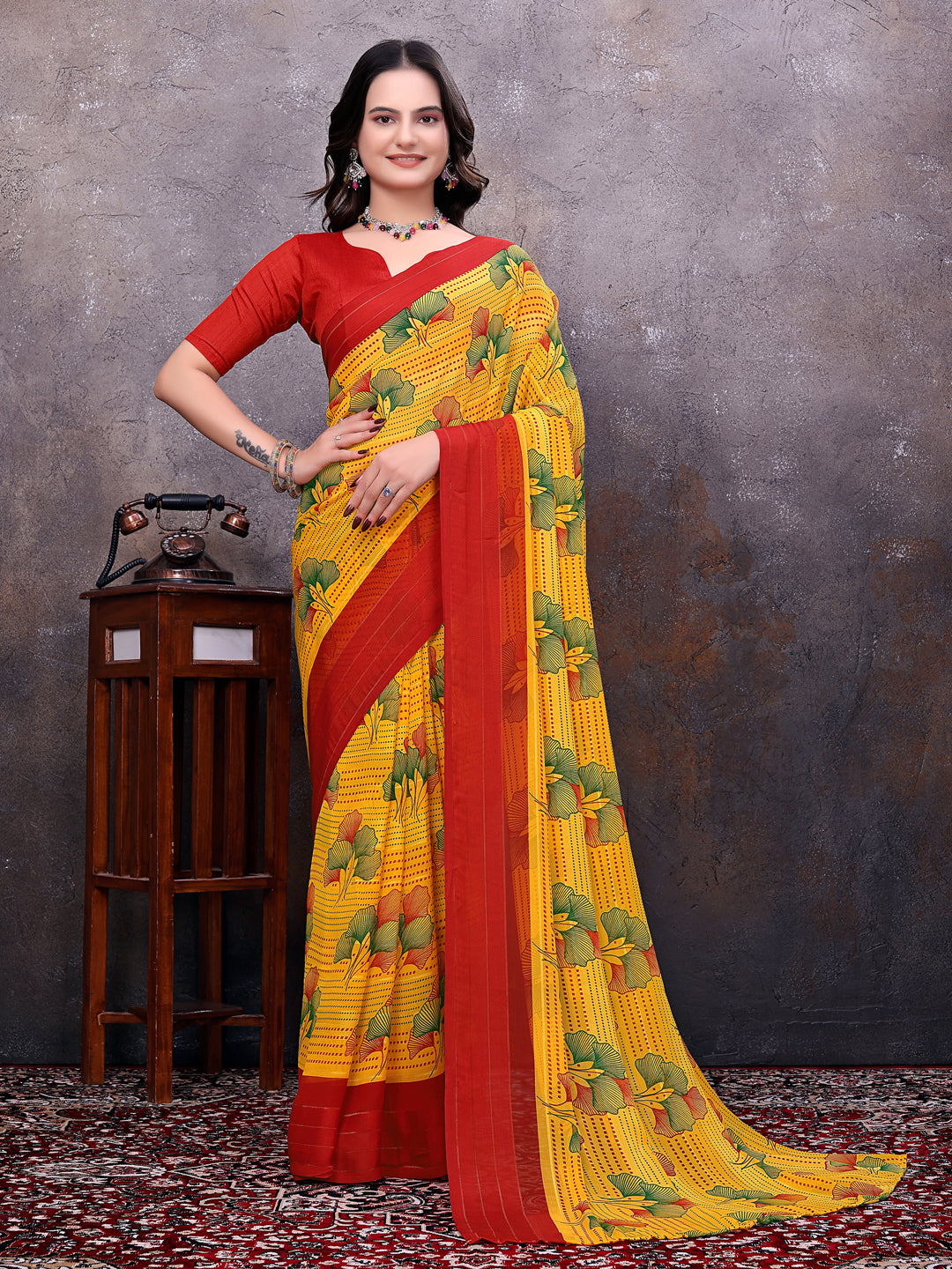 Ready-to-Wear Saree Floral Leaf Print Simmer Silk Saree