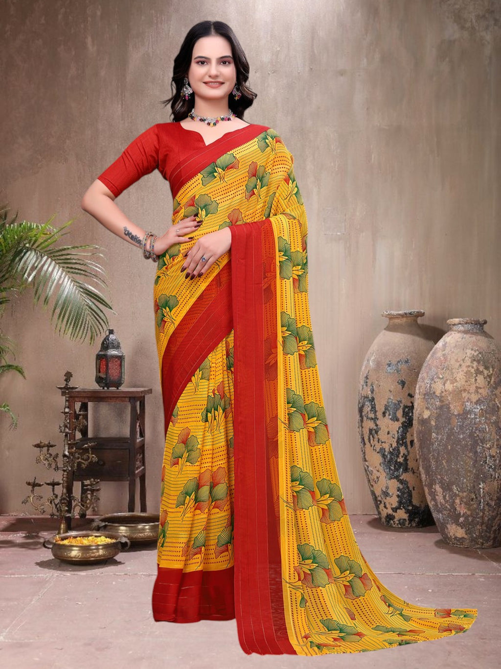 Ready-to-Wear Saree Floral Leaf Print Simmer Silk Saree