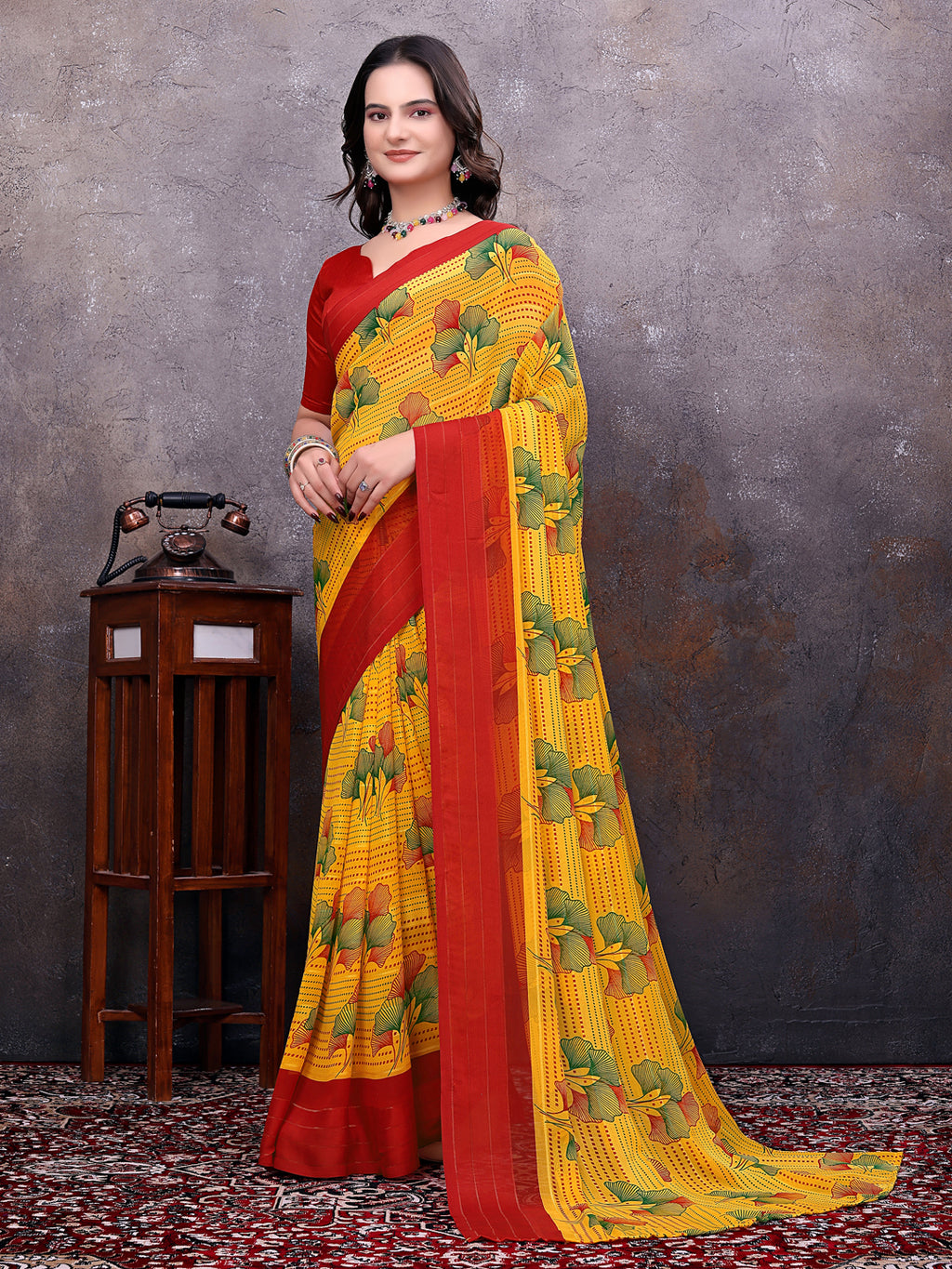 Ready-to-Wear Saree Floral Leaf Print Simmer Silk Saree