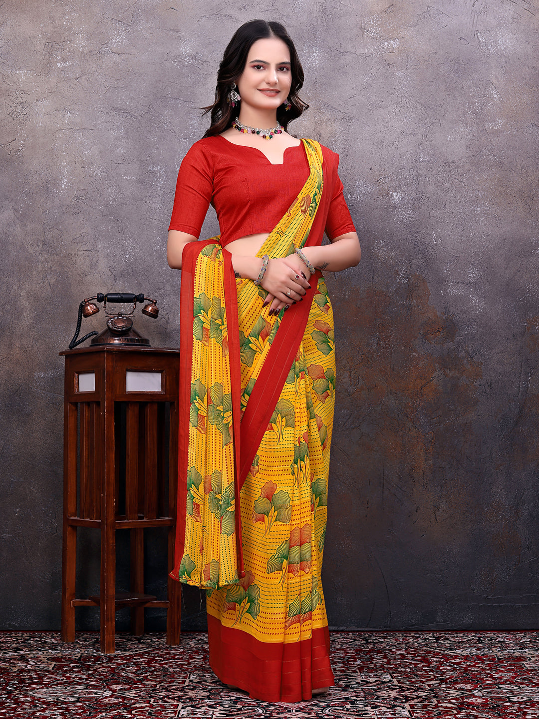 Ready-to-Wear Saree Floral Leaf Print Simmer Silk Saree