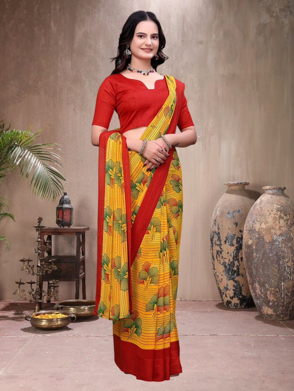 Ready-to-Wear Saree Floral Leaf Print Simmer Silk Saree