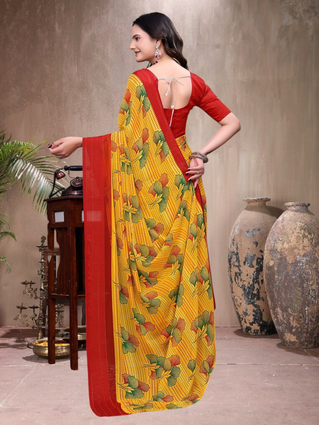 Ready-to-Wear Saree Floral Leaf Print Simmer Silk Saree