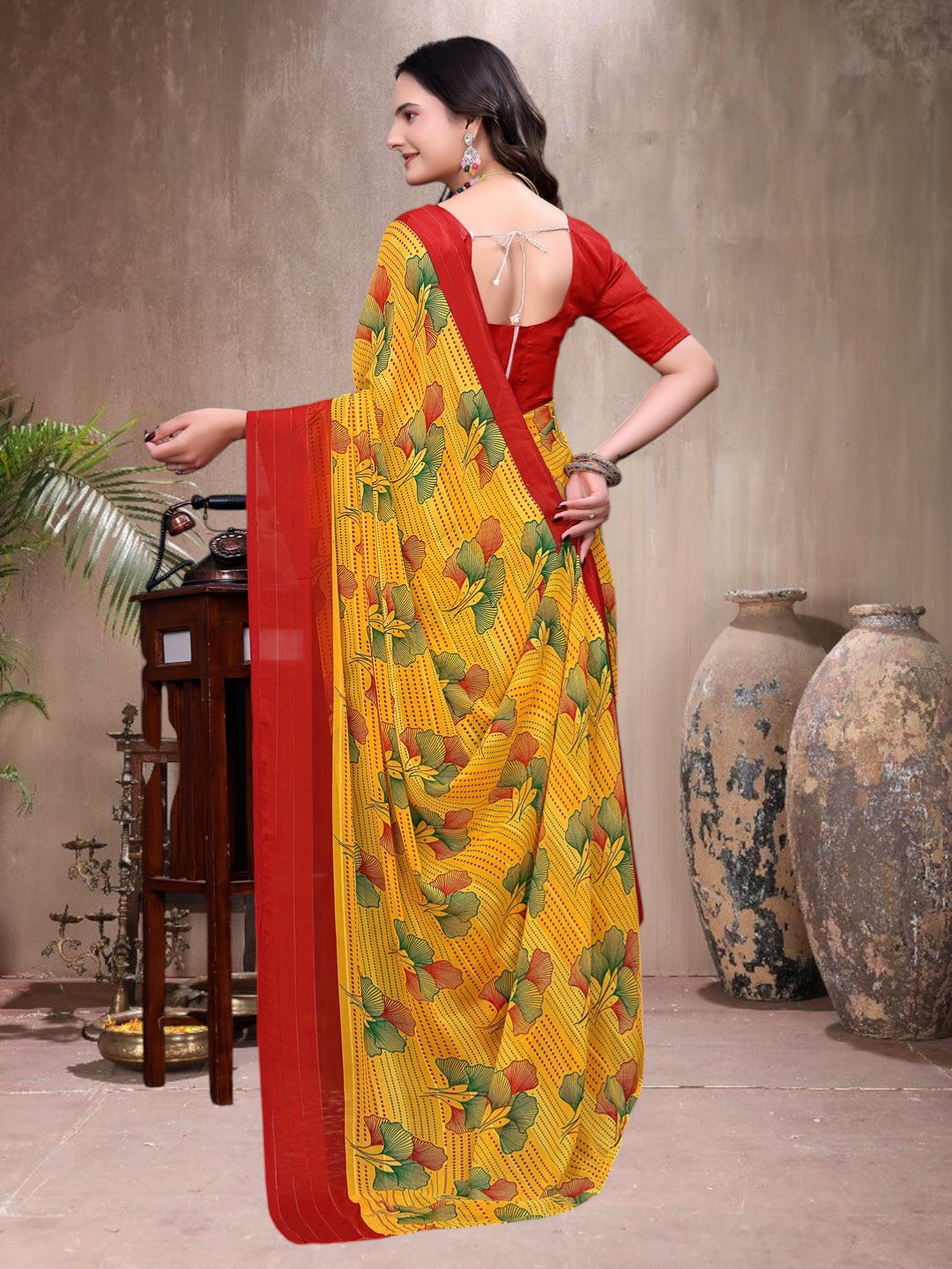 Ready-to-Wear Saree Floral Leaf Print Simmer Silk Saree