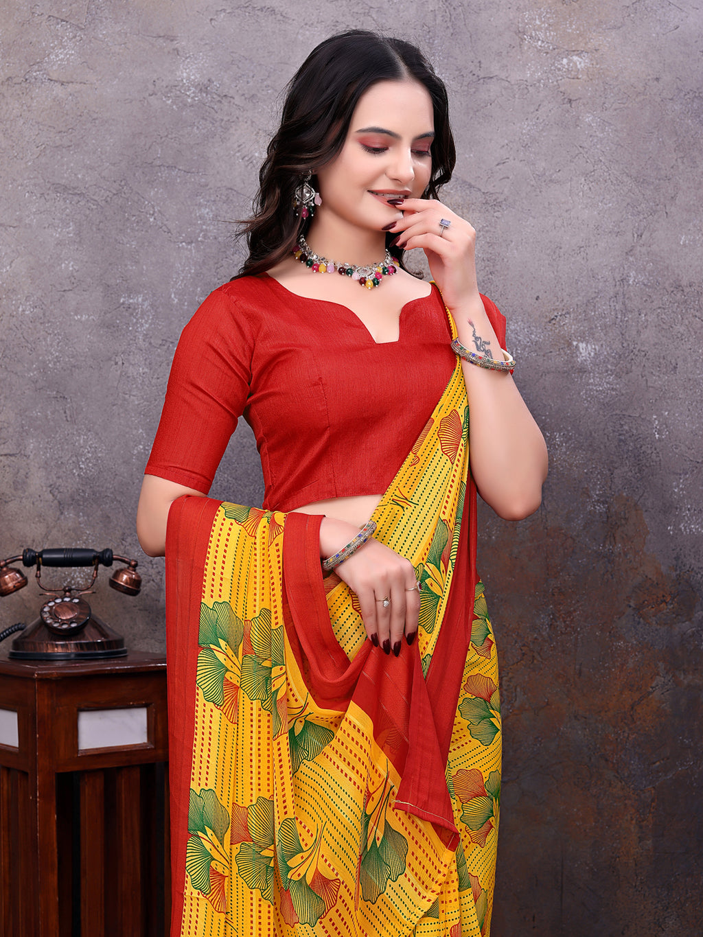 Ready-to-Wear Saree Floral Leaf Print Simmer Silk Saree