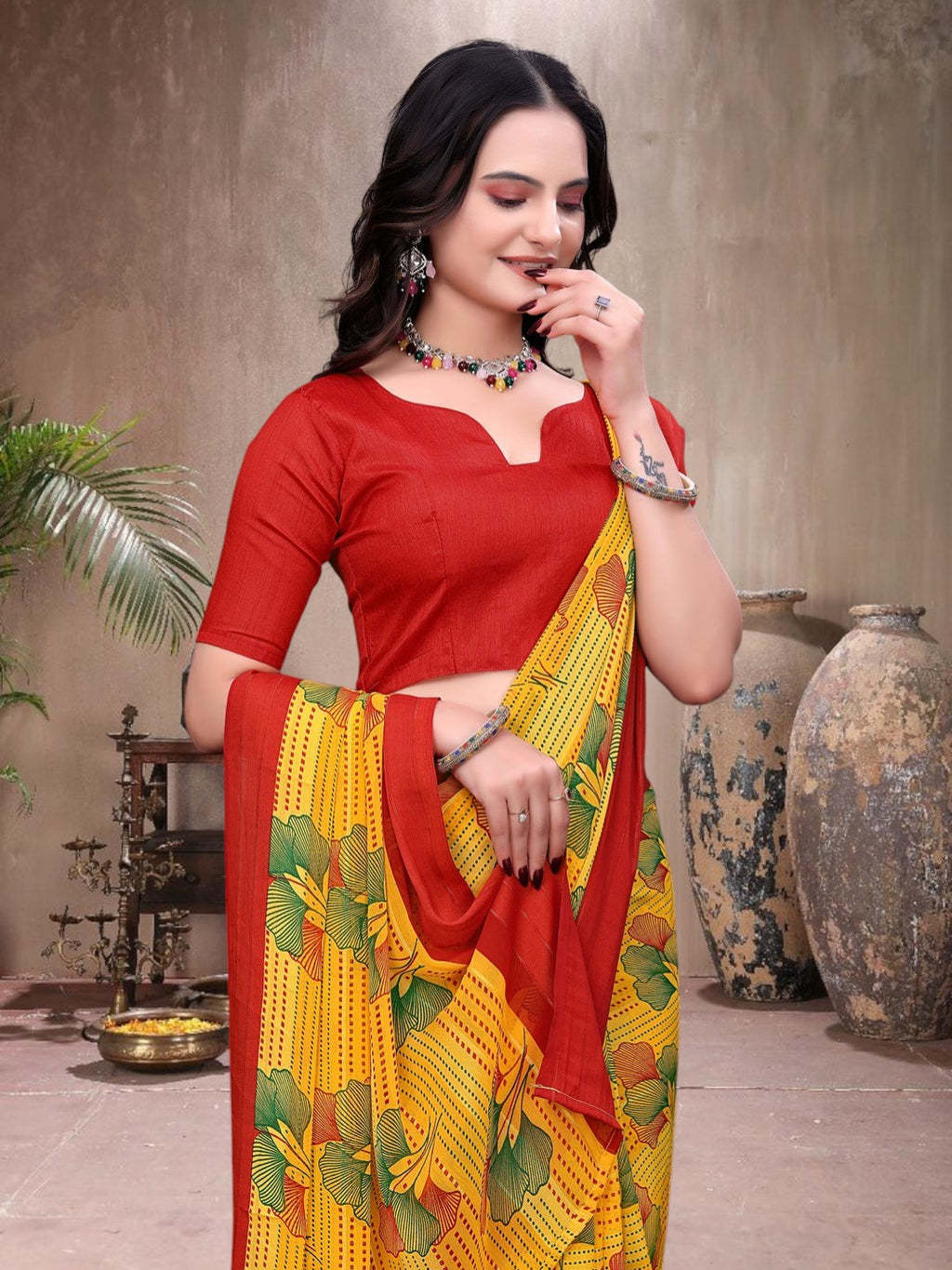 Ready-to-Wear Saree Floral Leaf Print Simmer Silk Saree