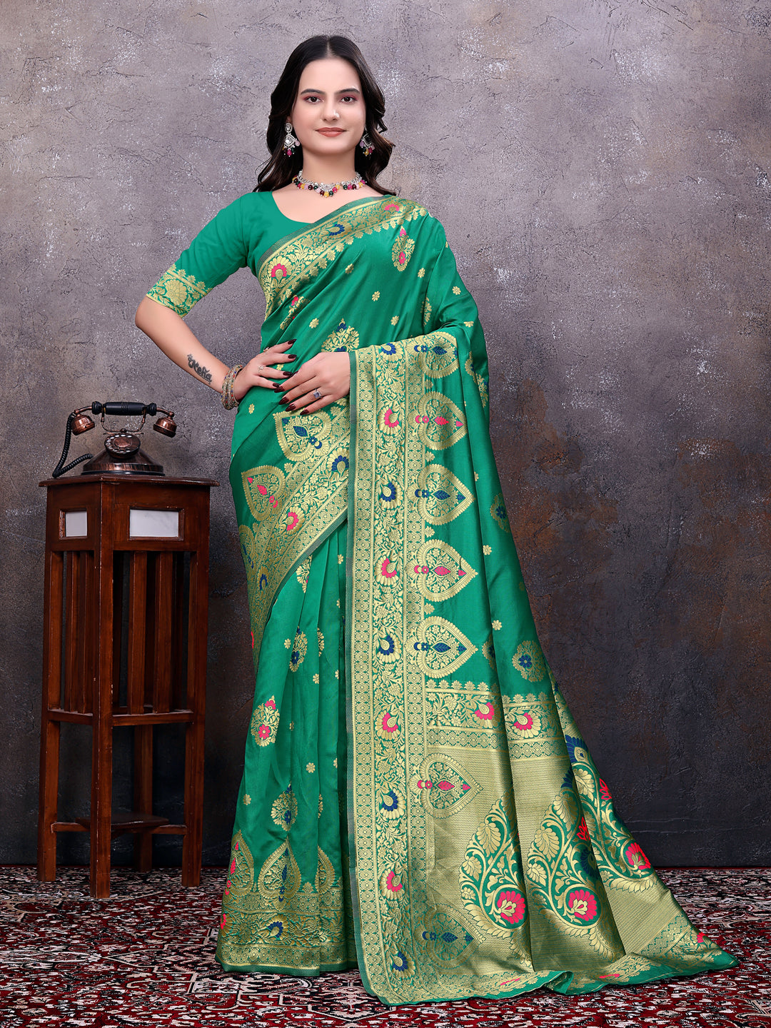 Ready to Wear Banarasi Jacquard Silk Saree with Gold Zari Woven Work